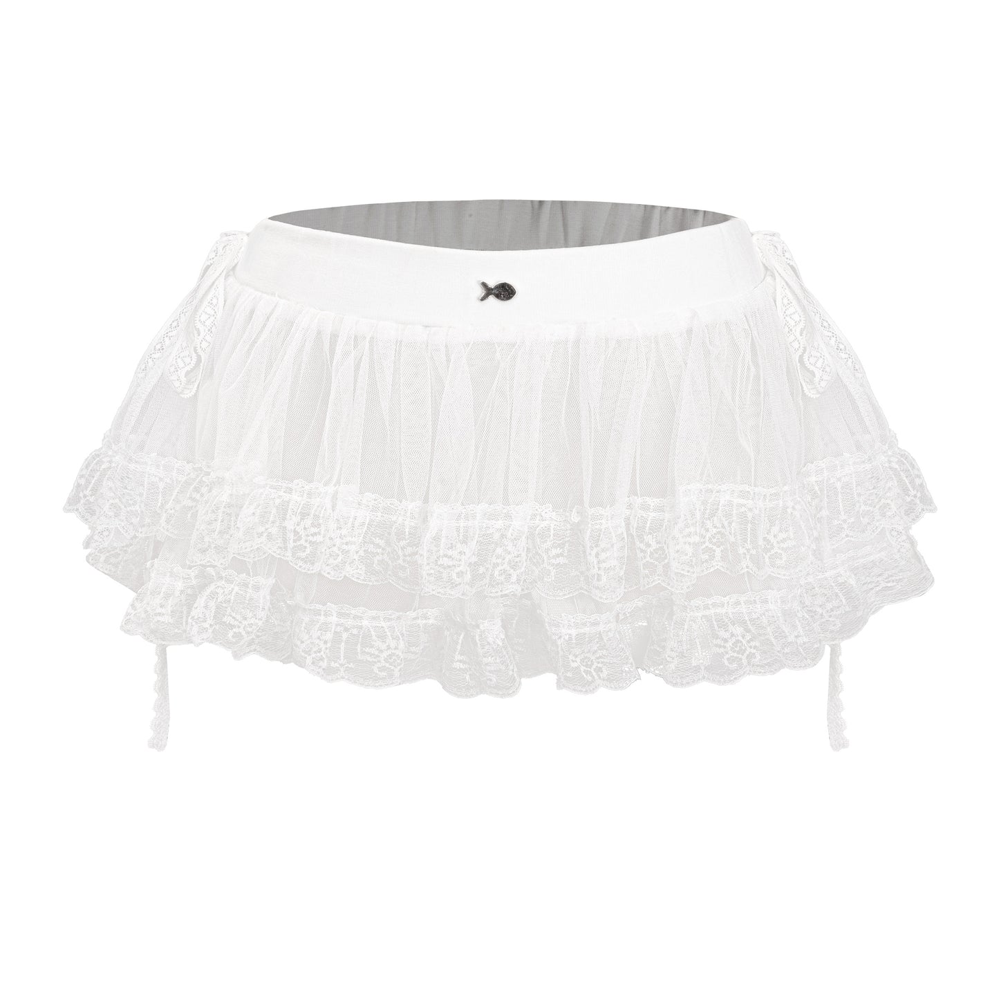 White lace skirt with a small black logo on a white background