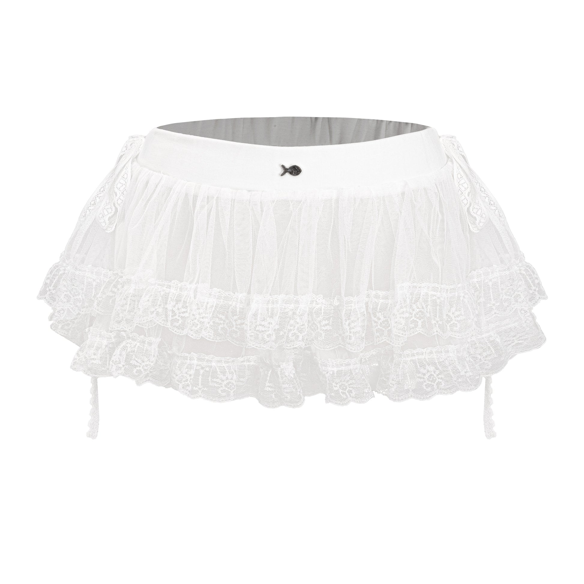 White lace skirt with a small black logo on a white background