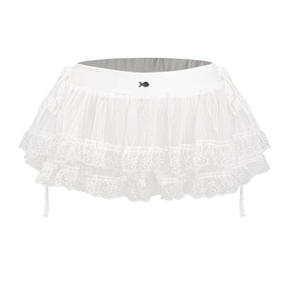 White lace skirt with a small black logo on a white background