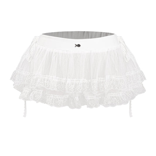 White lace skirt with a small black logo on a white background