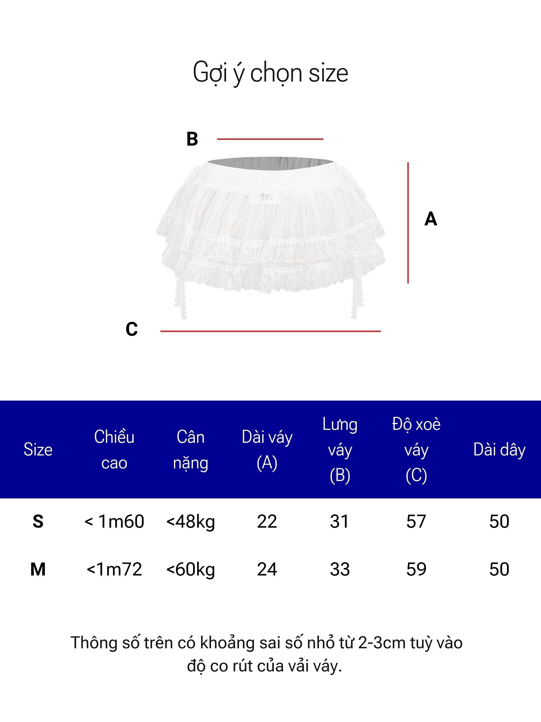 Measurement chart for a white petticoat with dimensions labeled and size guide.