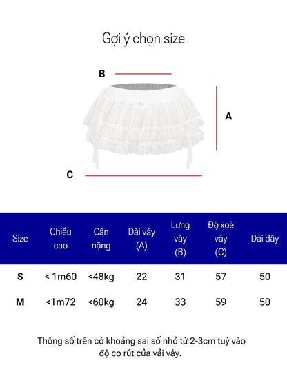Measurement chart for a white petticoat with dimensions labeled and size guide.
