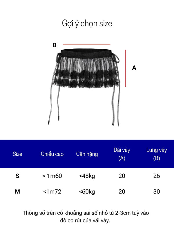 Measurement chart for a skirt with dimensions A and B, and size guide.