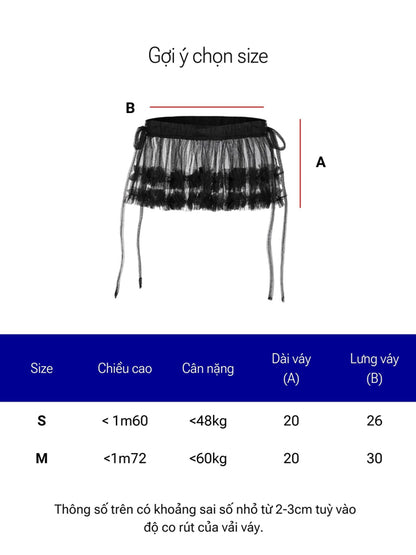 Measurement chart for a skirt with dimensions A and B, and size guide.