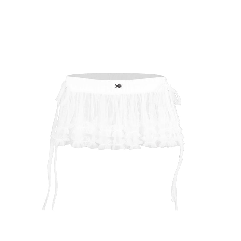 White off-shoulder top with ruffled details on a white background
