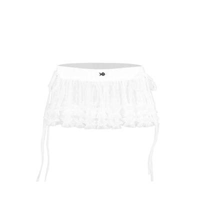 White off-shoulder top with ruffled details on a white background