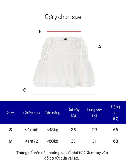 Measurement chart for a white skirt with dimensions labeled A, B, and C, and size guide below.