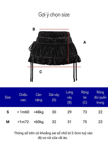 Measurement chart for a black skirt with dimensions labeled and size guide.