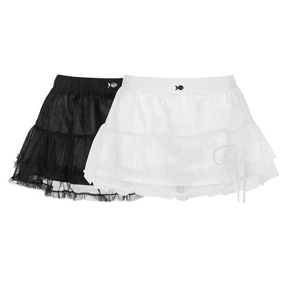 Black and white shorts with lace details on a white background