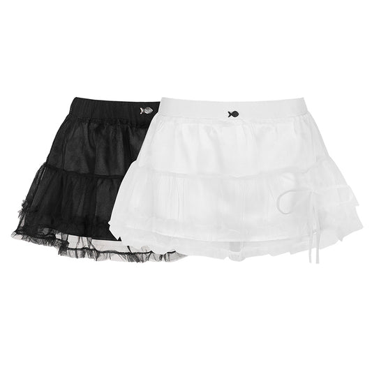 Black and white shorts with lace details on a white background
