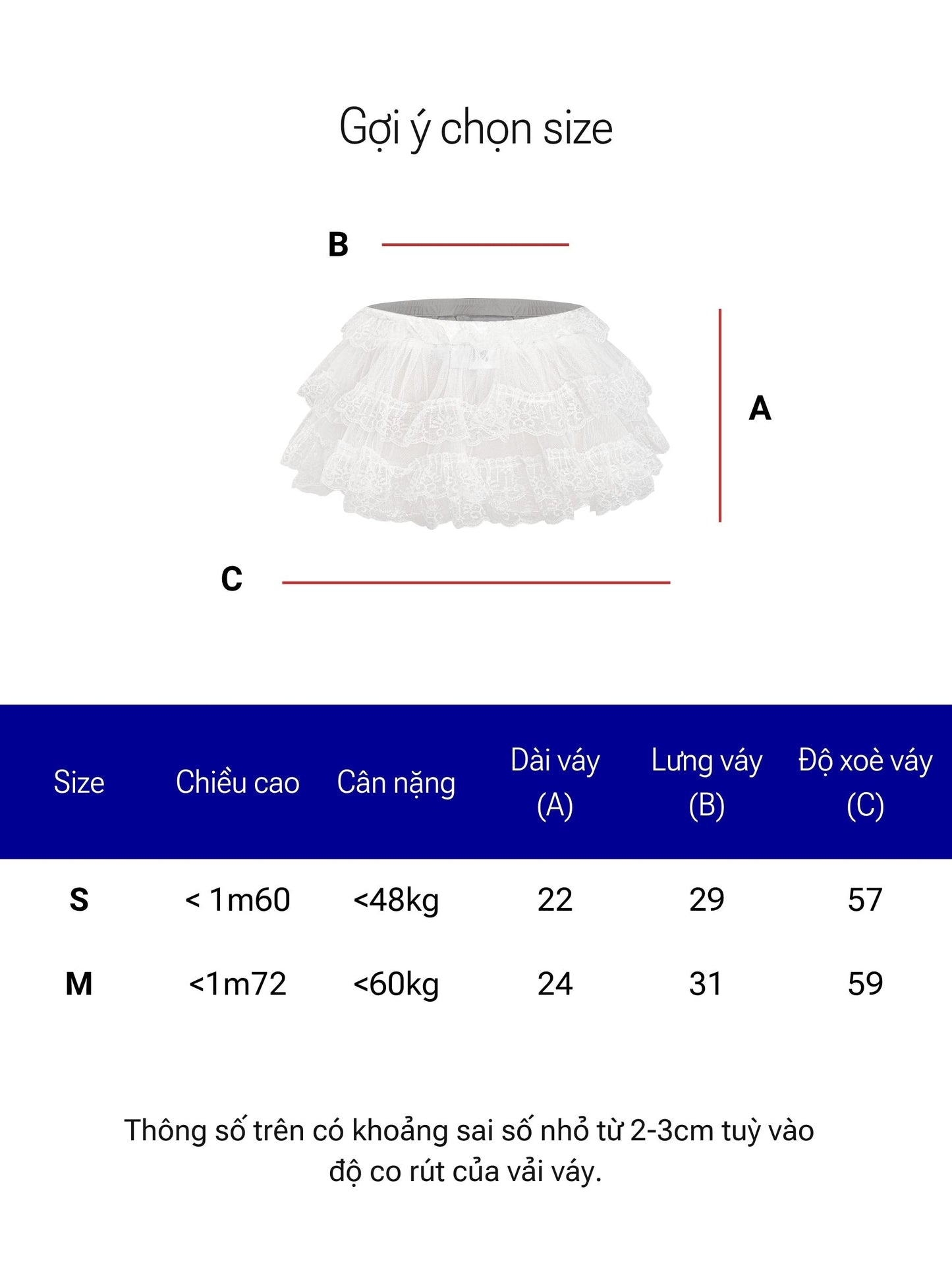 Measurement chart for a white ruffled skirt with size guide and dimensions.