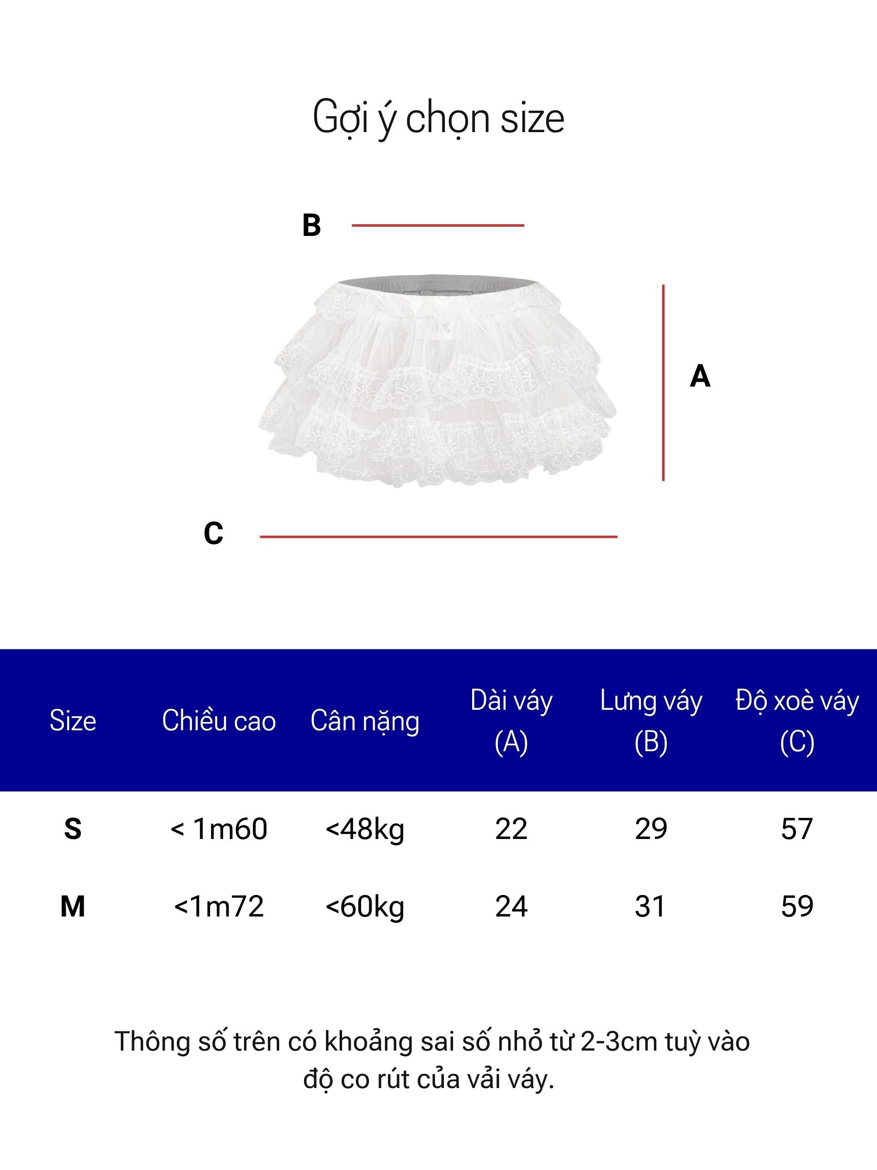 Measurement chart for a white ruffled skirt with size guide and dimensions.