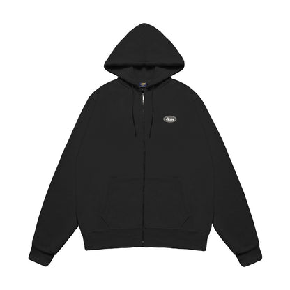 Black hoodie with a small logo on the chest against a white background