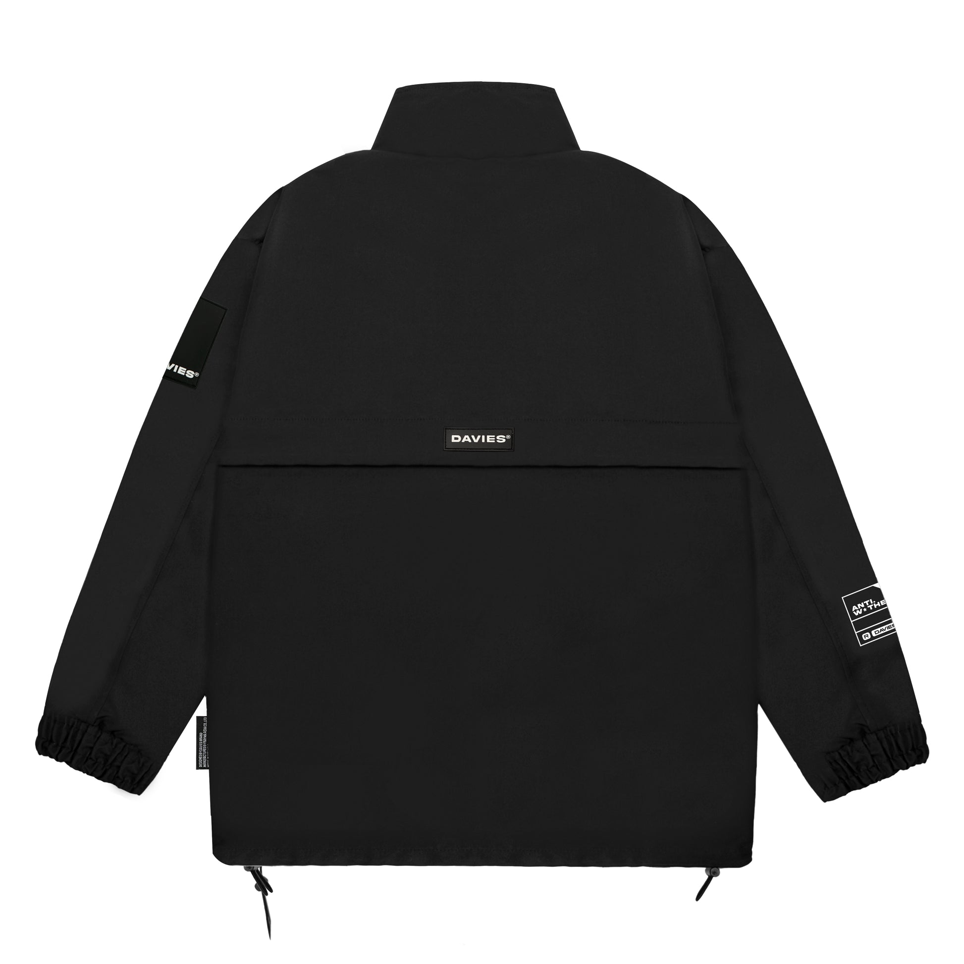 Black jacket with brand logos on sleeves and back against a white background