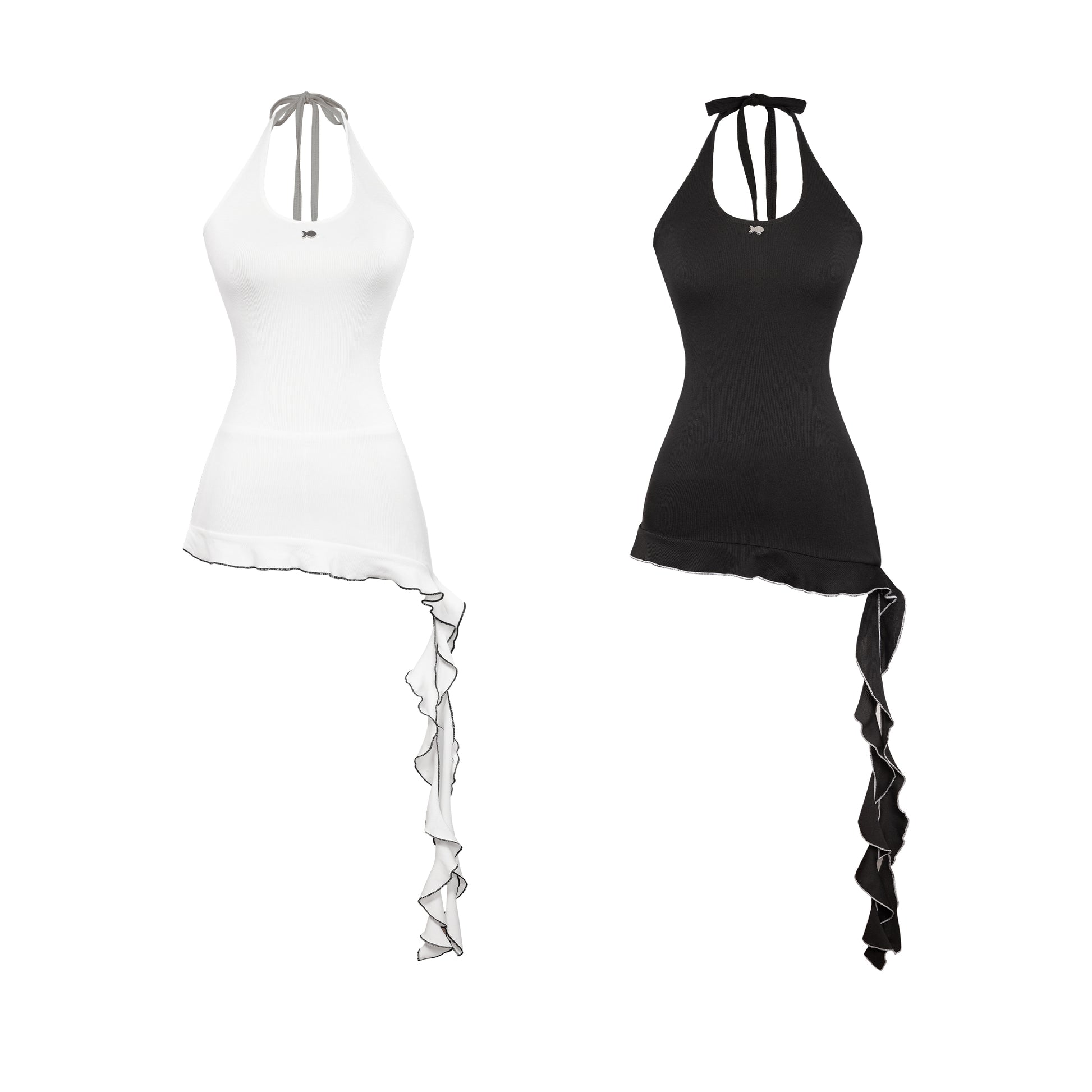 Black and white tank tops with ruffled sides on a white background