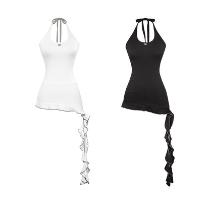 Black and white tank tops with ruffled sides on a white background