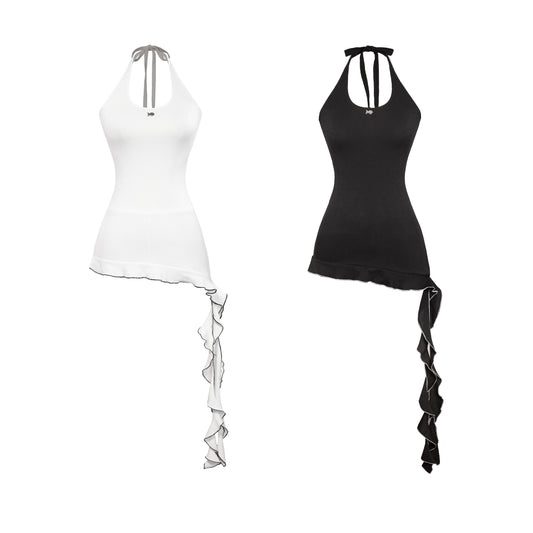 Black and white tank tops with ruffled sides on a white background