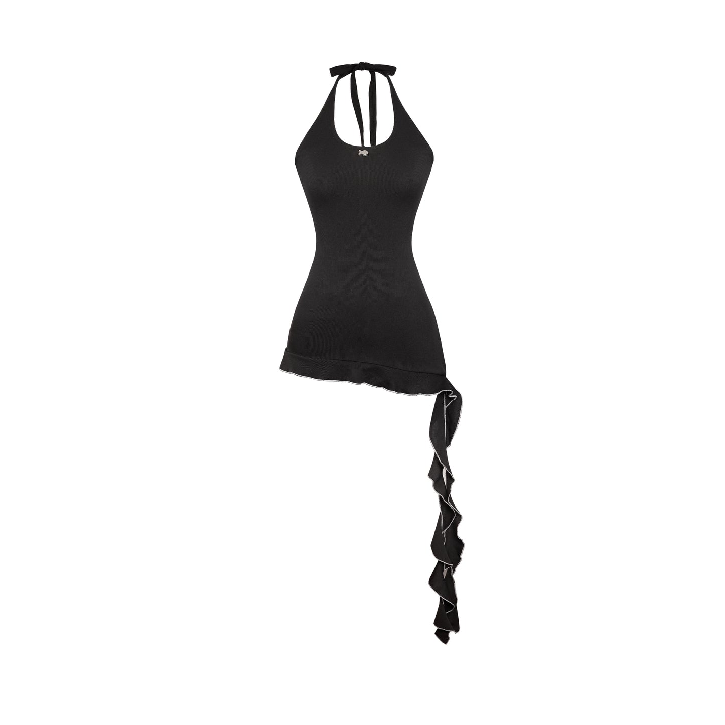 Black halter top with a long black ribbon on a white background