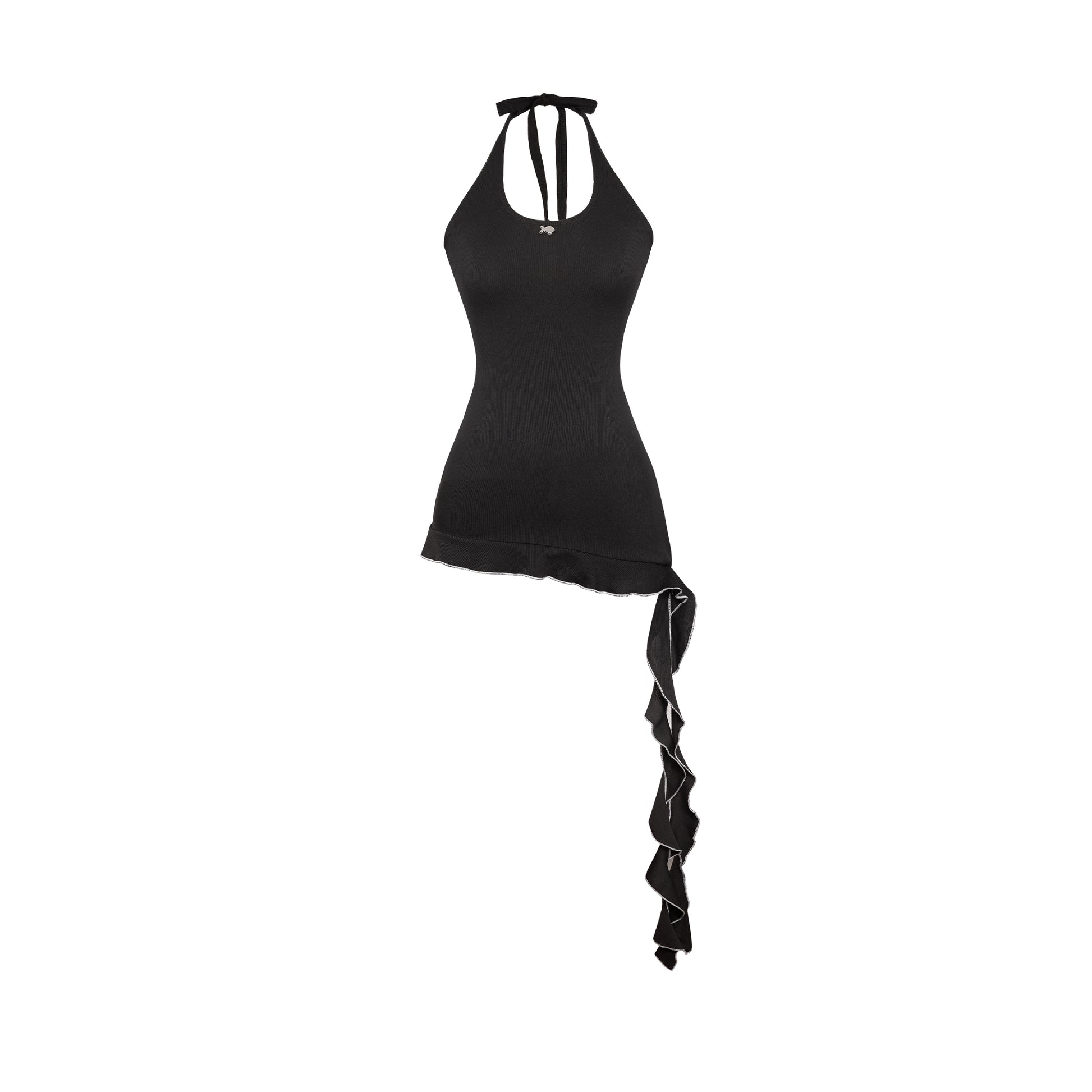 Black halter top with a long black ribbon on a white background