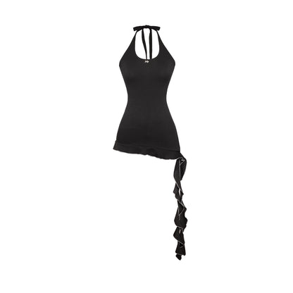 Black halter top with a long black ribbon on a white background