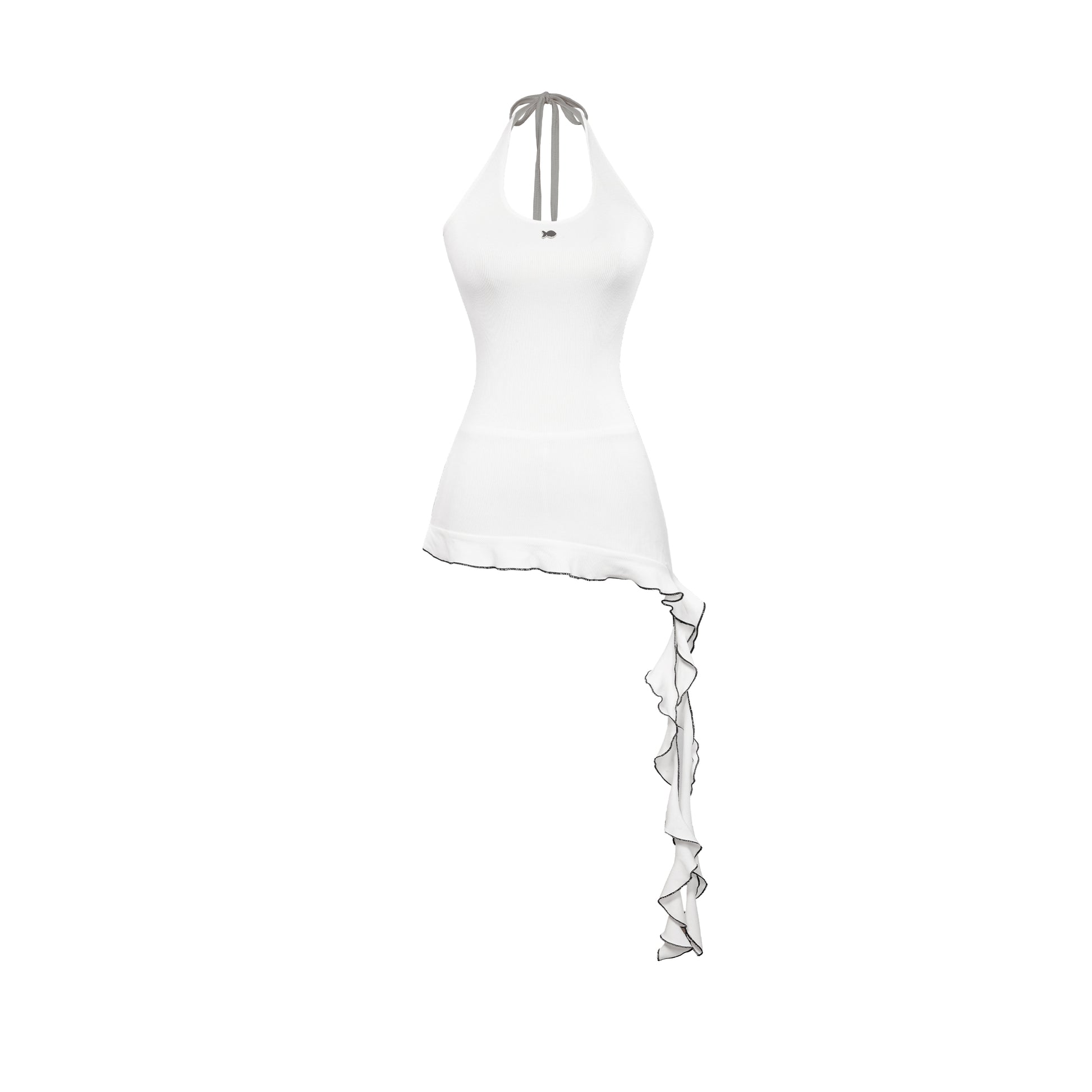 White halter top with ruffled detailing on a white background