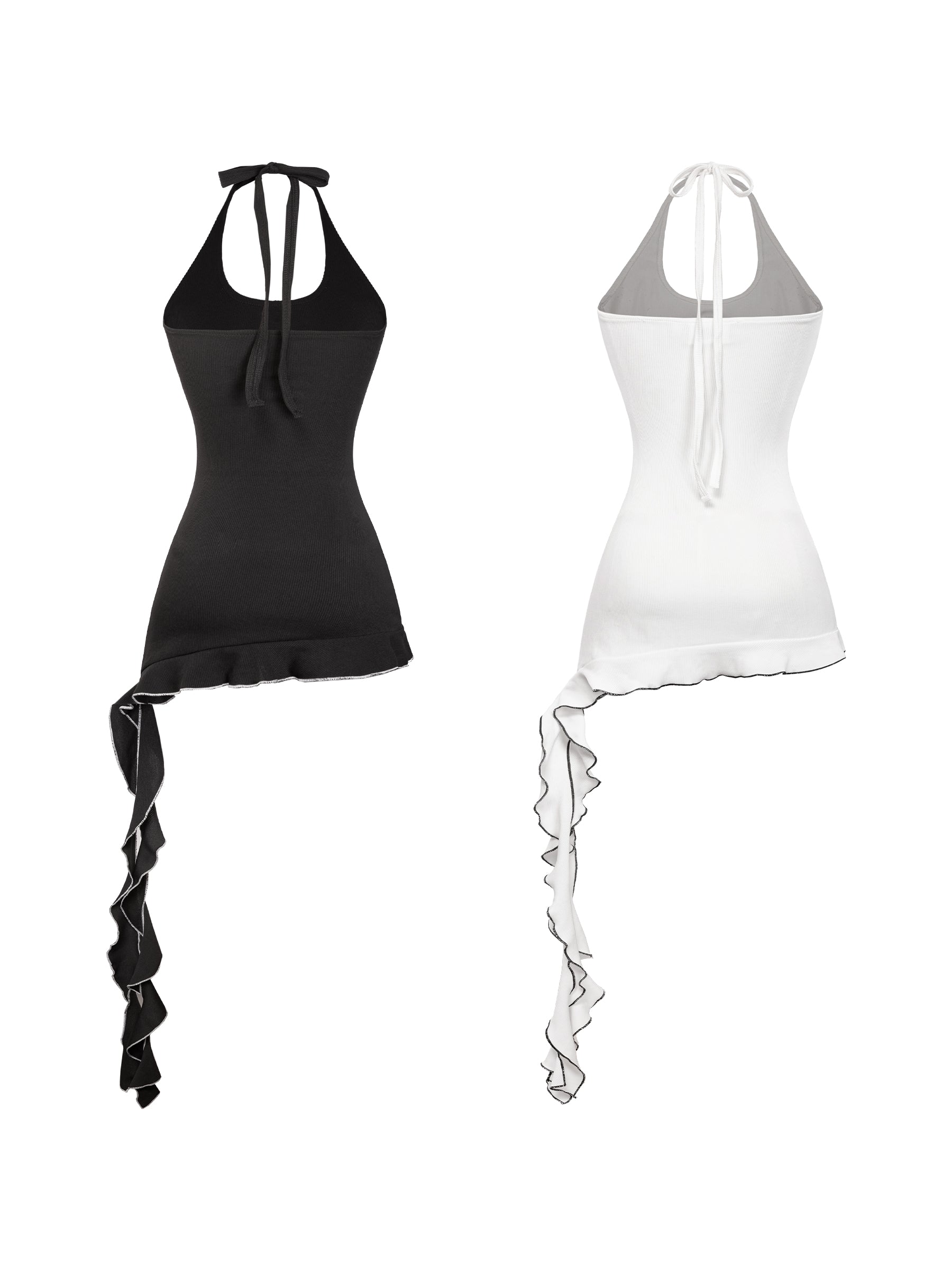 Black and white halter tops with ruffled sides on a white background