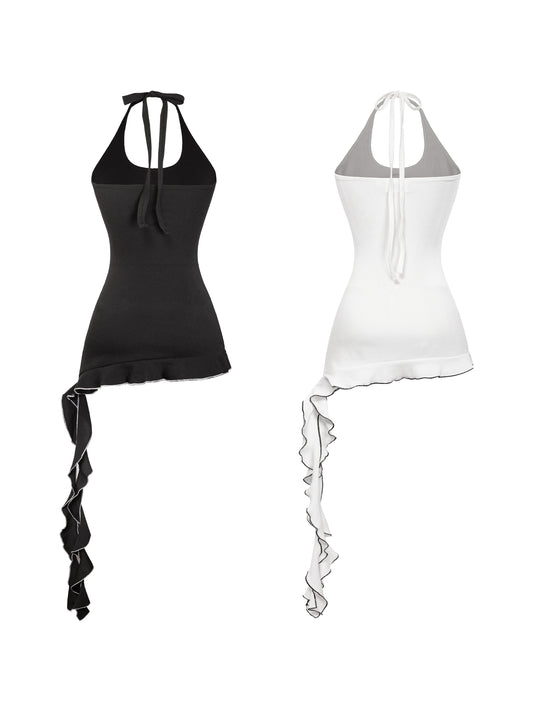 Black and white halter tops with ruffled sides on a white background