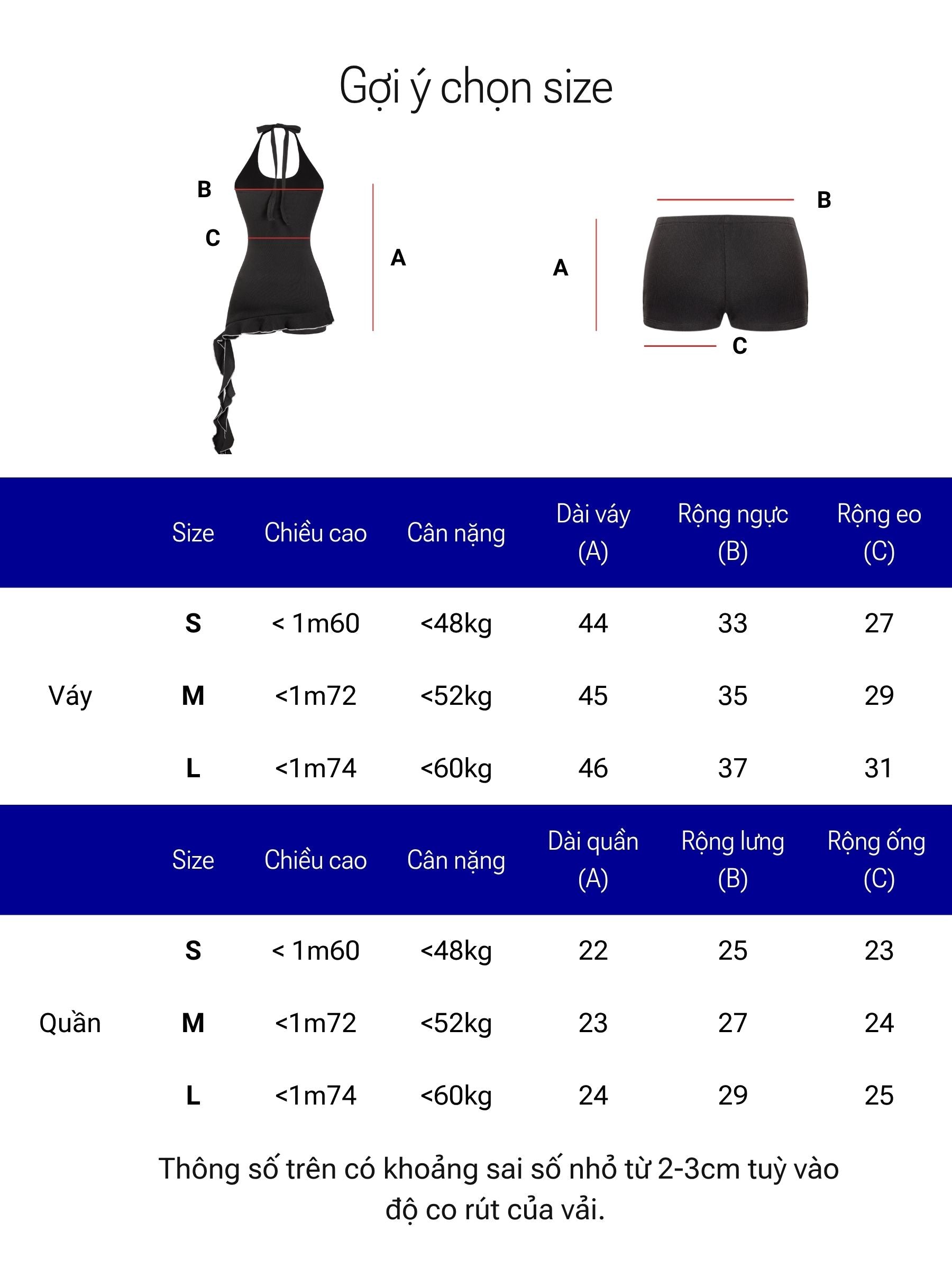 Size chart for a black swimsuit with measurements and weight guidelines.