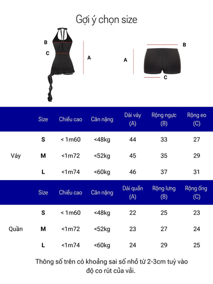 Size chart for a black swimsuit with measurements and weight guidelines.