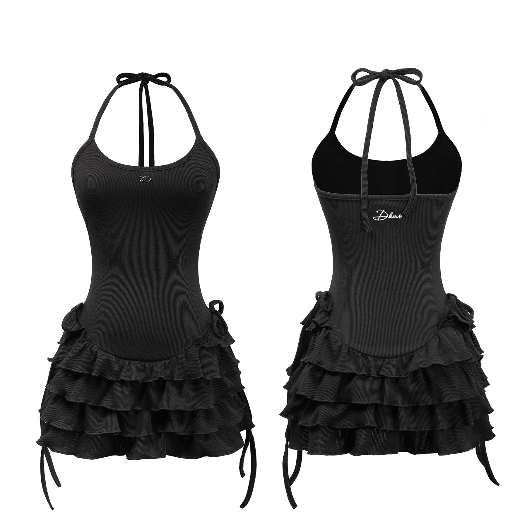 Black halter top with ruffled skirt on a white background