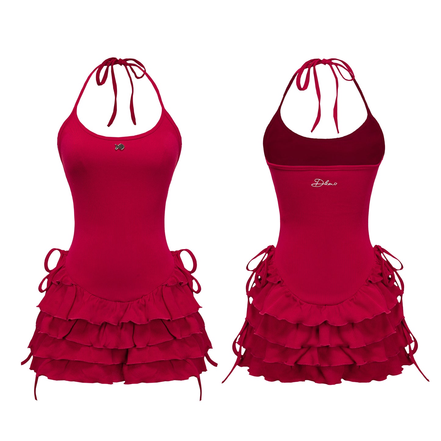 Red halter dress with ruffled layers on a white background
