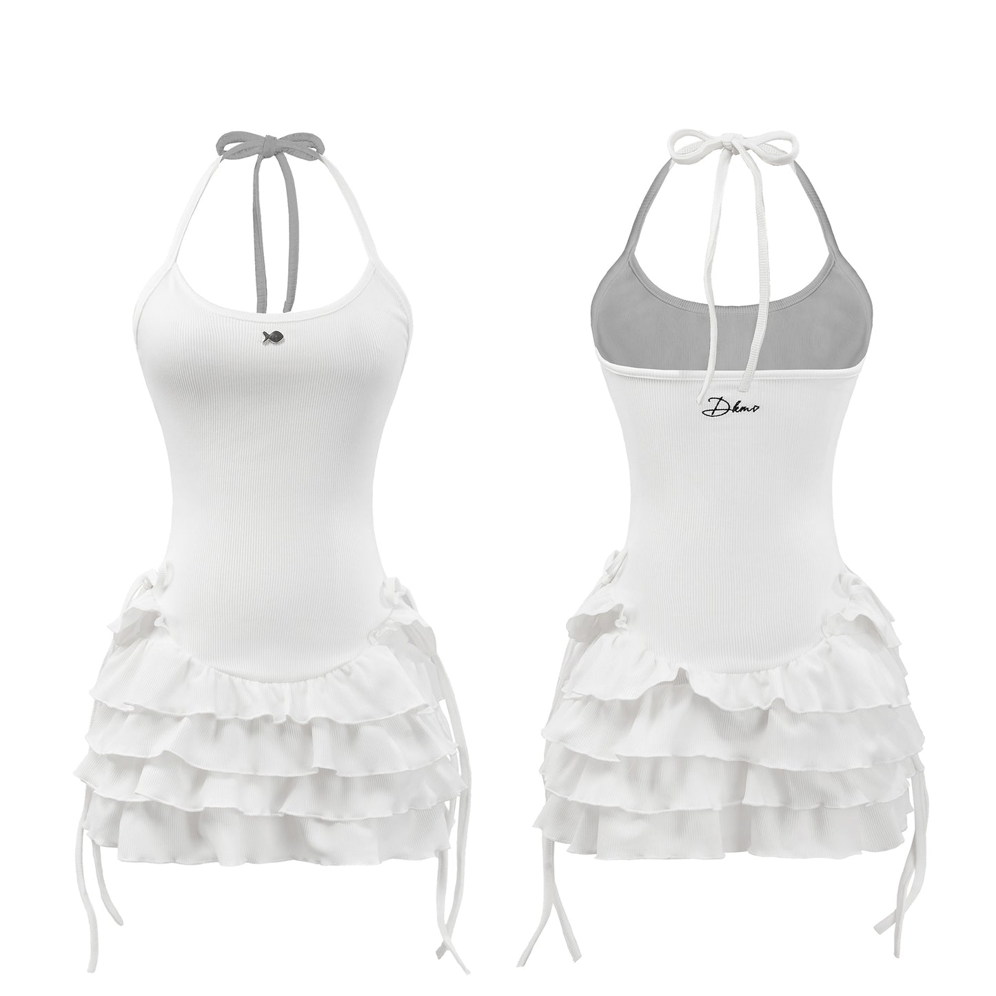 White halter top with ruffled skirt and gray accents on a white background