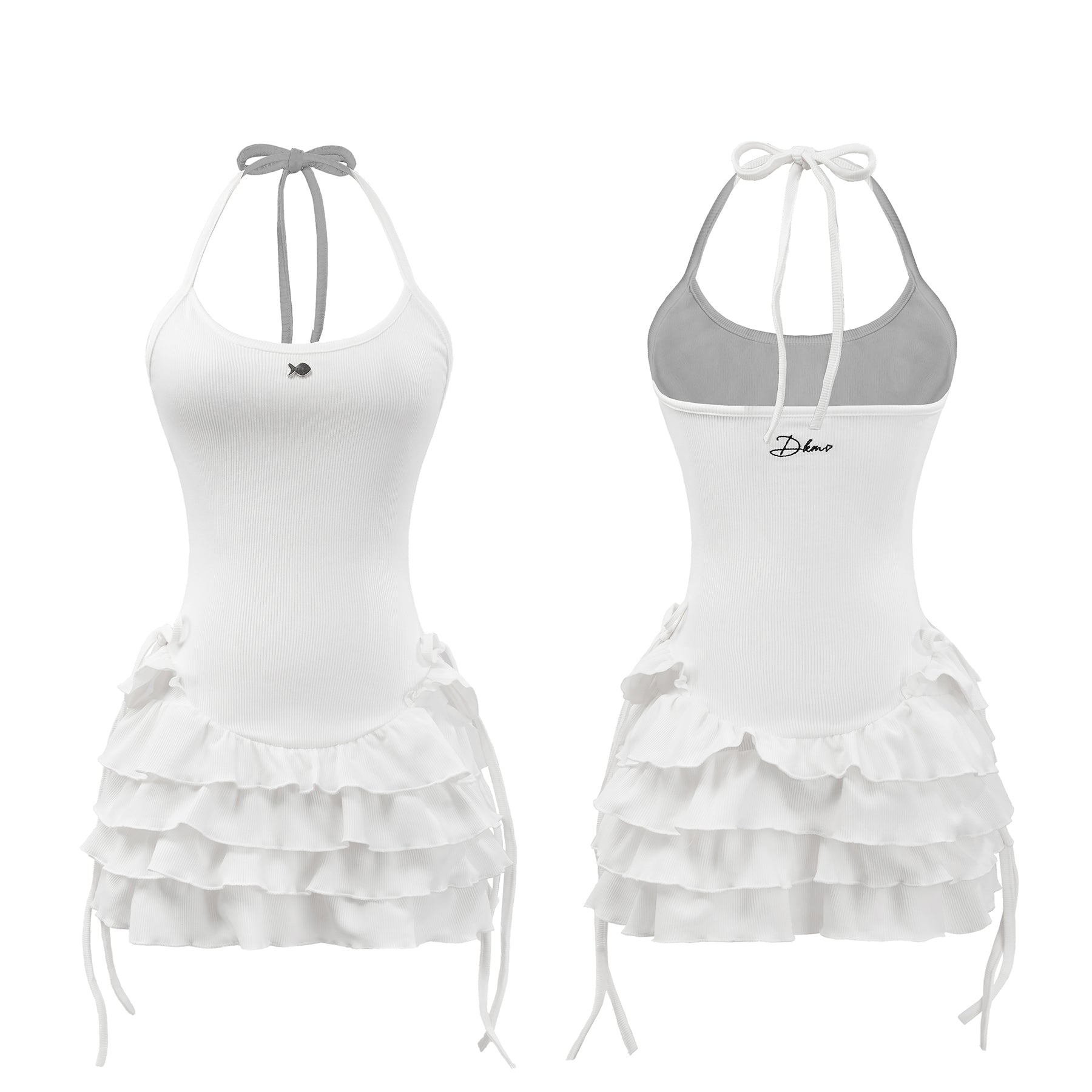 White halter top with ruffled skirt and gray accents on a white background