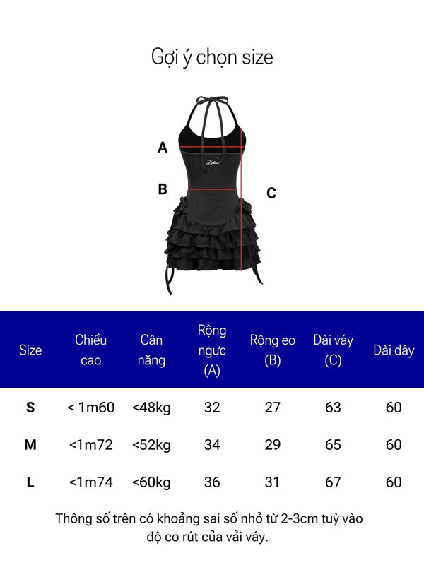 Black dress with measurement chart for size selection on a white background