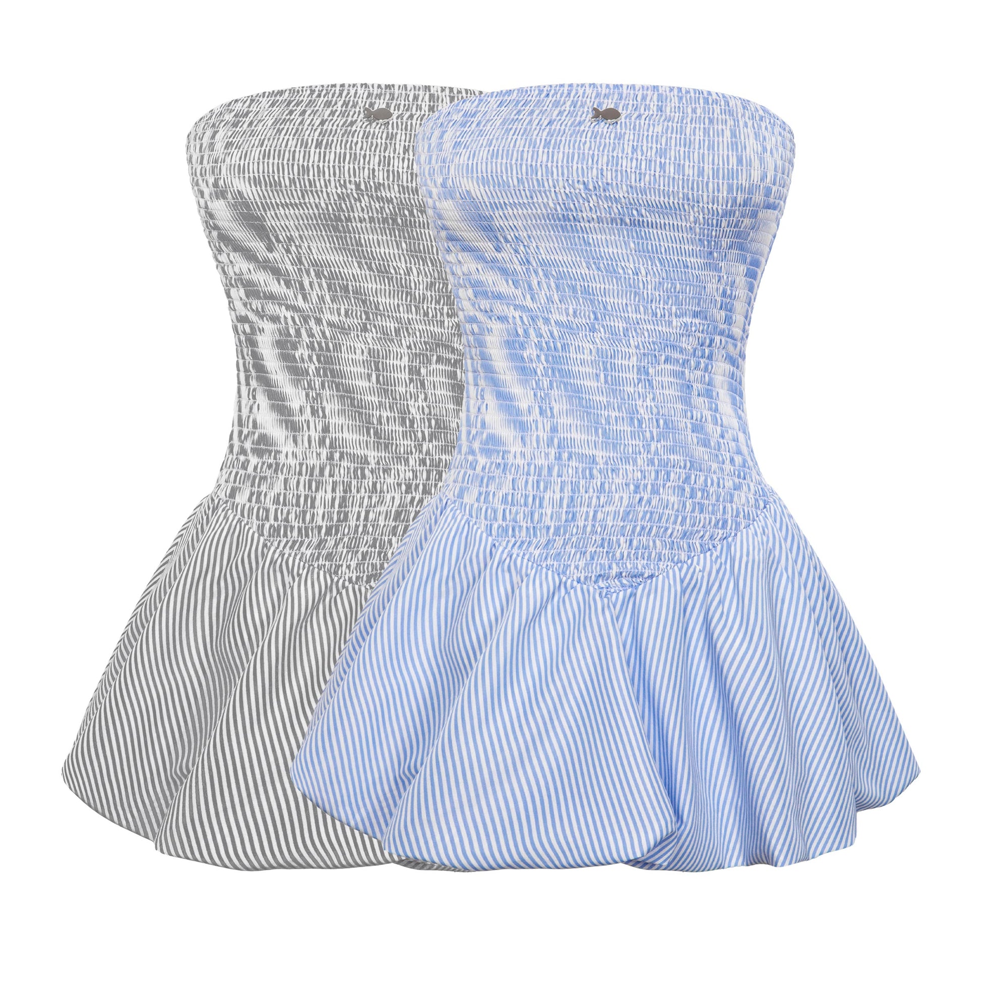Two strapless tops, one gray and white striped, the other blue and white striped, on a white background.