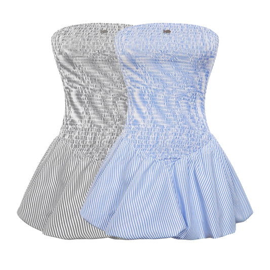 Two strapless tops, one gray and white striped, the other blue and white striped, on a white background.