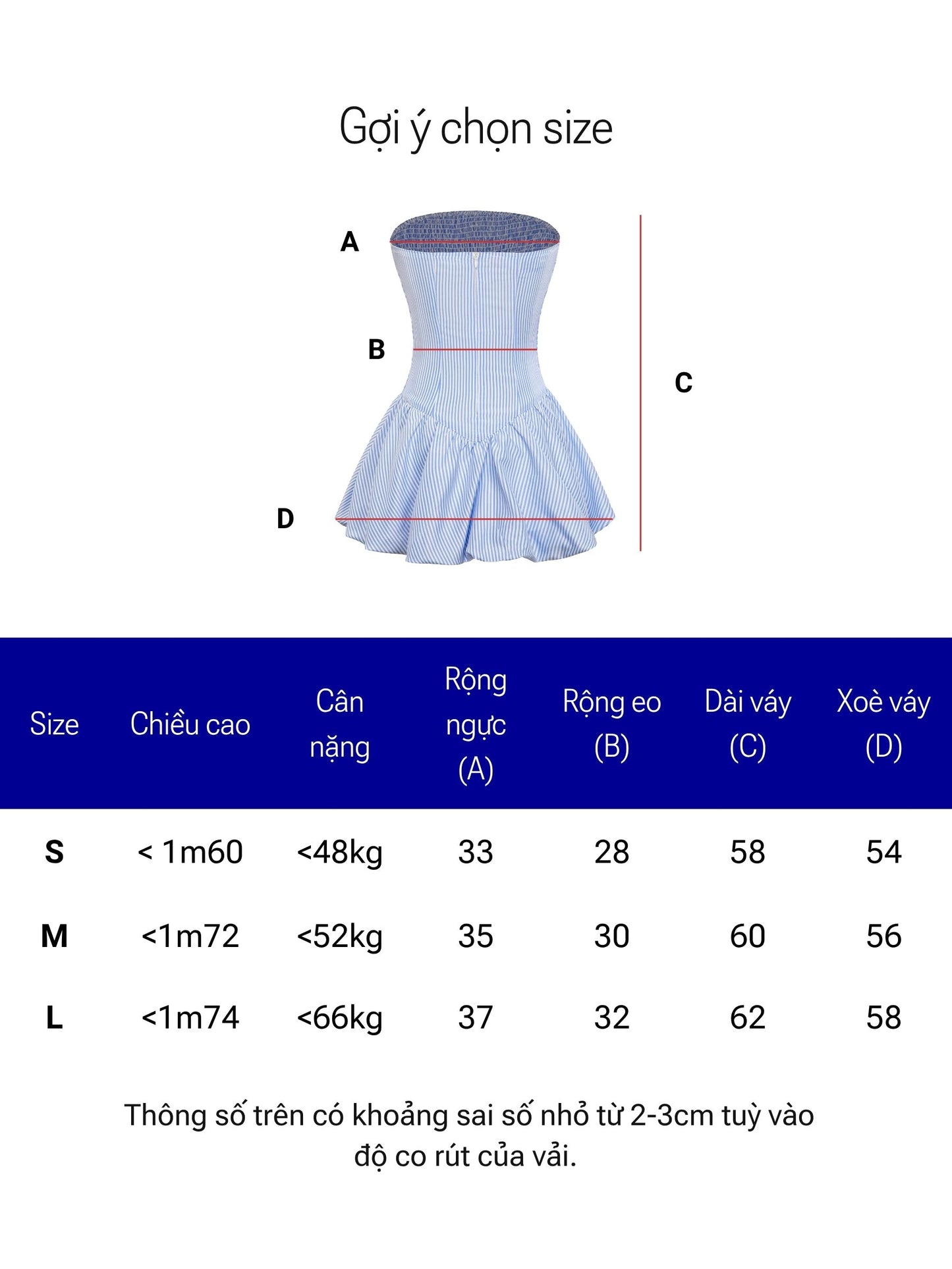 Size chart for a blue dress with measurements on a white background