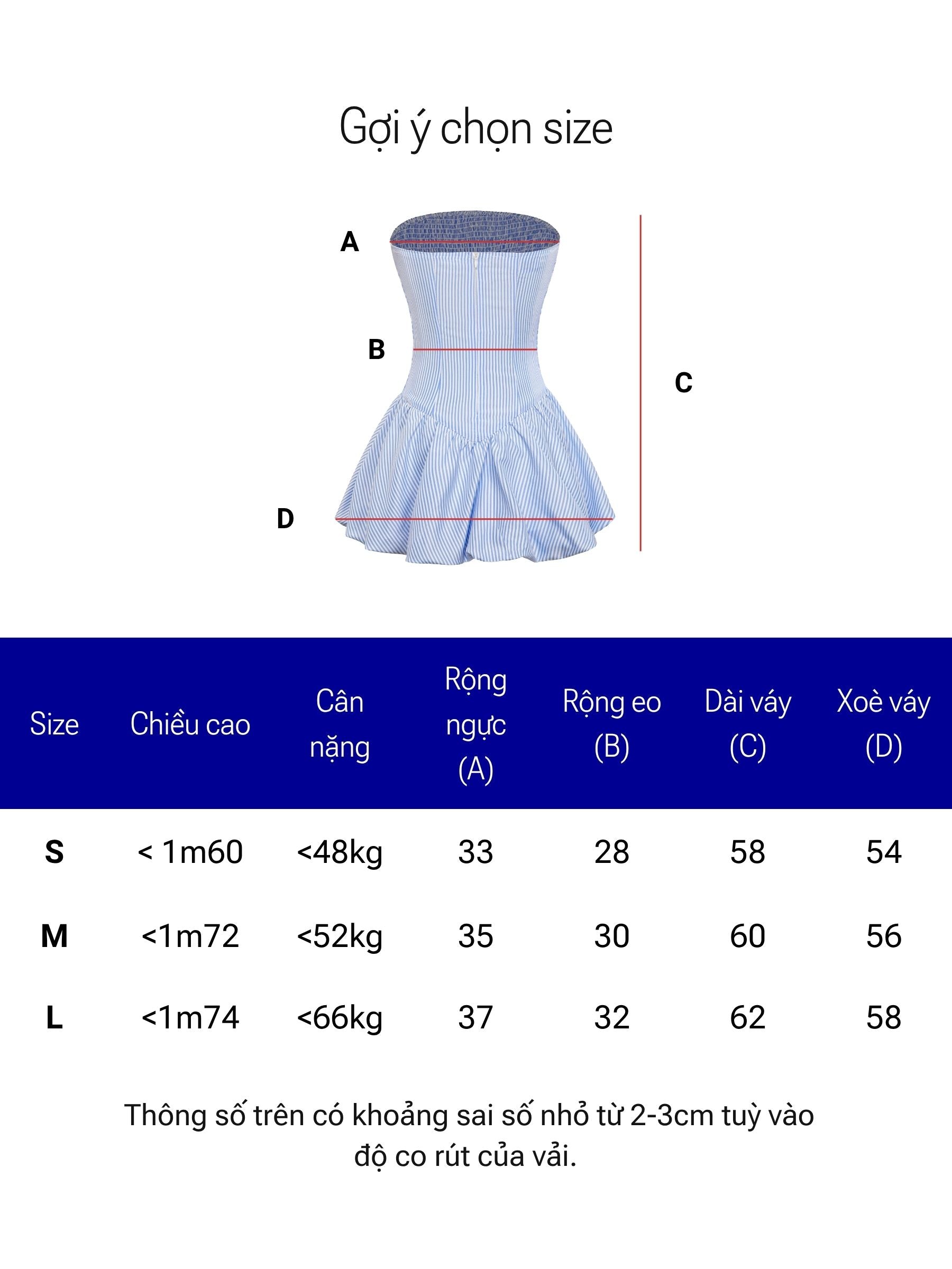 Size chart for a blue dress with measurements on a white background