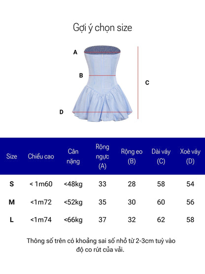 Size chart for a blue dress with measurements on a white background