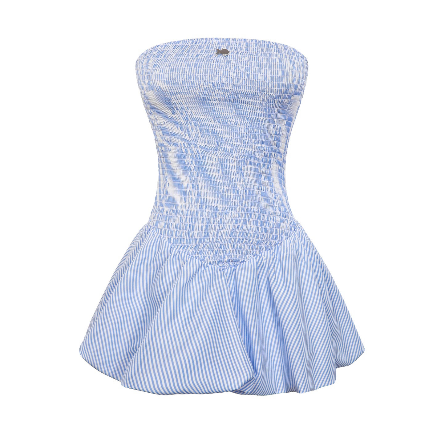 Blue and white striped strapless dress on a white background
