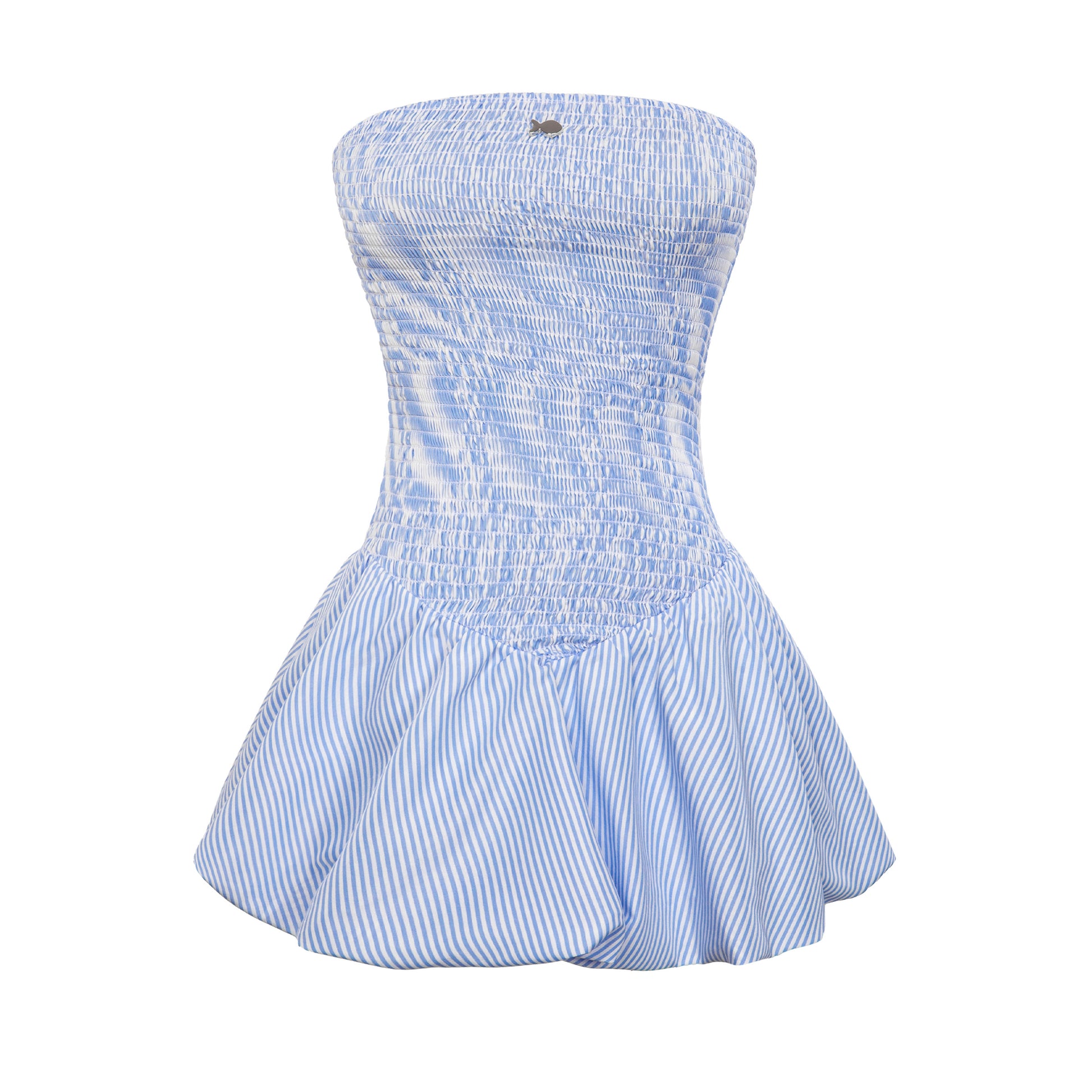 Blue and white striped strapless dress on a white background