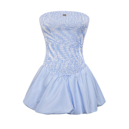 Blue and white striped strapless dress on a white background