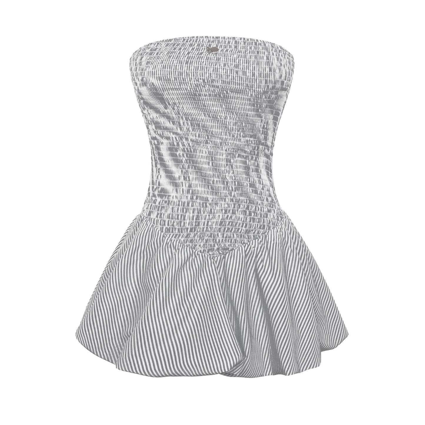 White strapless dress with black stripes on a white background