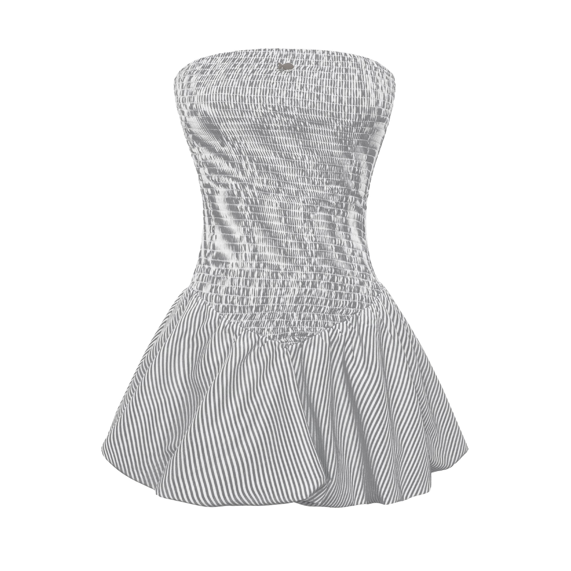 White strapless dress with black stripes on a white background