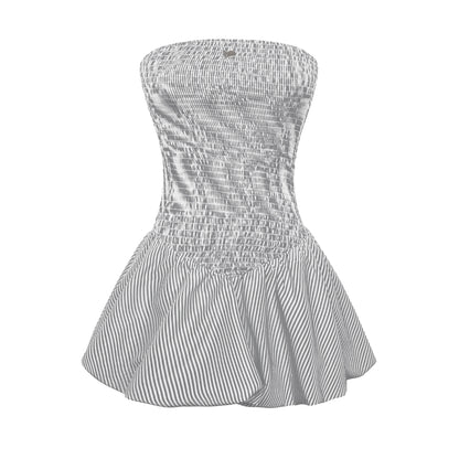 White strapless dress with black stripes on a white background