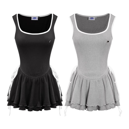 Black and gray tank tops with skirts on a white background