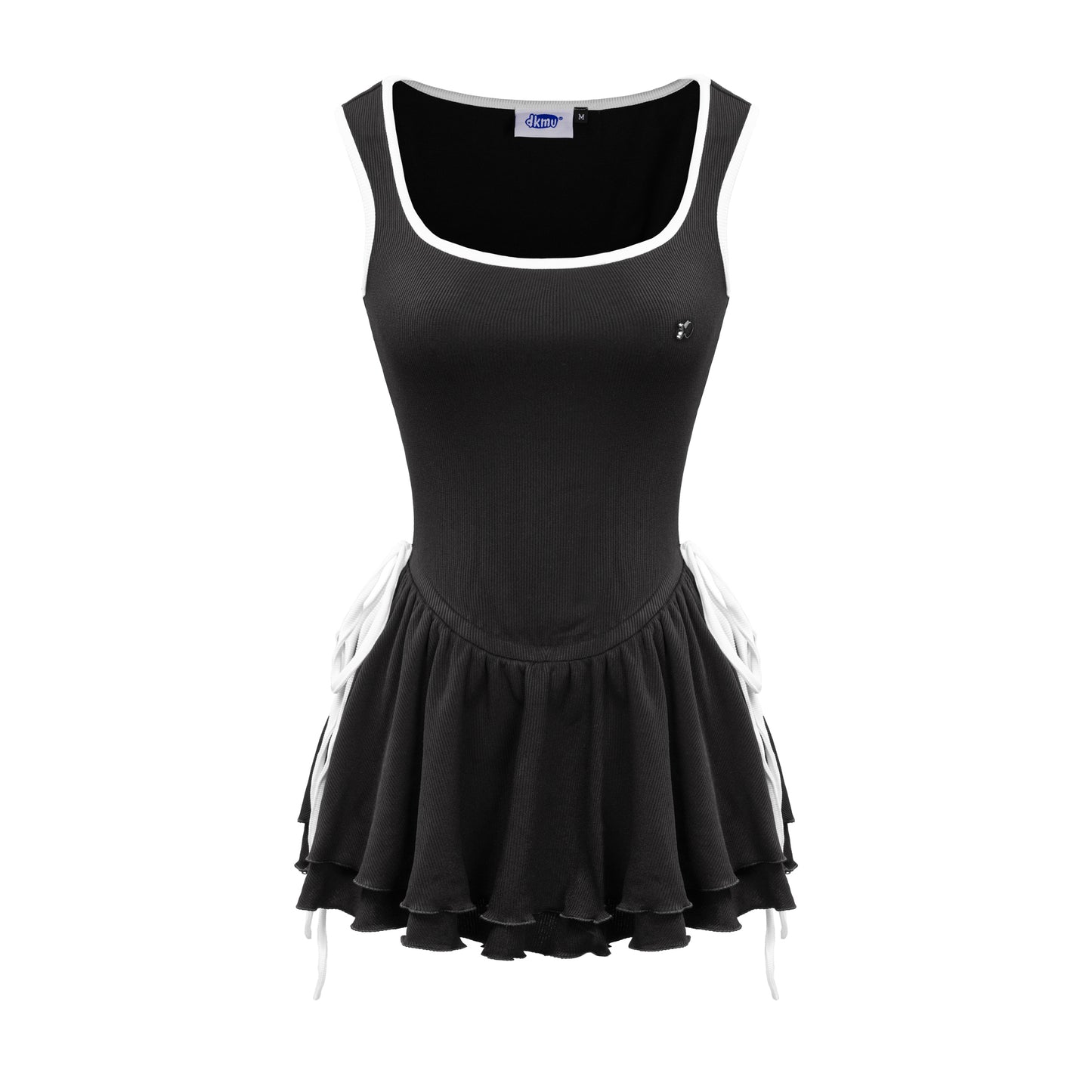 Black sleeveless dress with white trim on a white background
