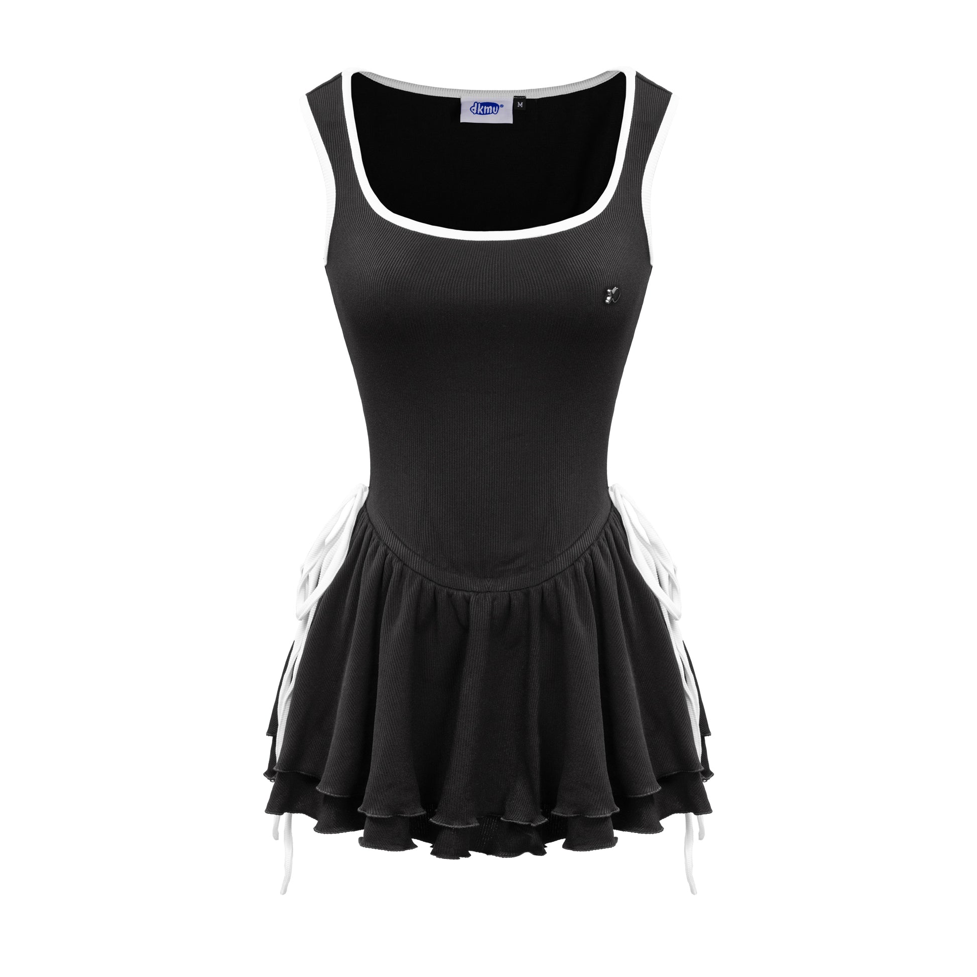 Black sleeveless dress with white trim on a white background