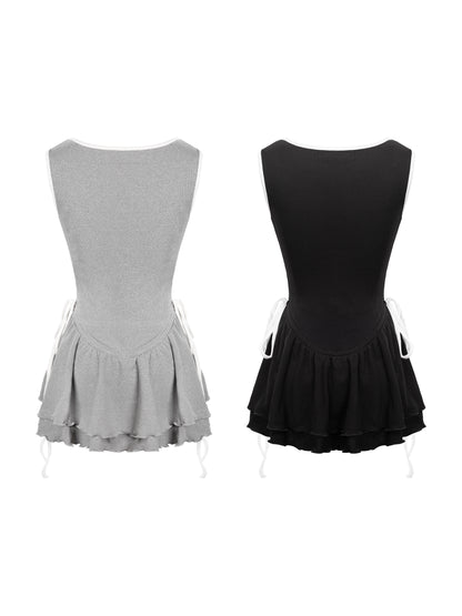 Gray and black sleeveless dresses with a pleated skirt on a white background