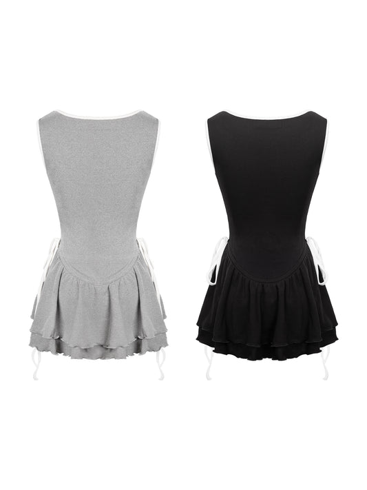 Gray and black sleeveless dresses with a pleated skirt on a white background